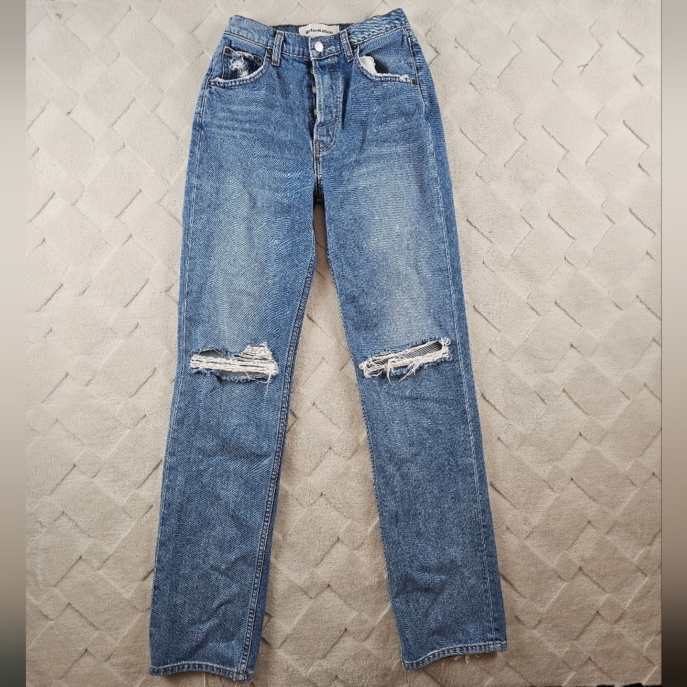 Reformation Teigen High Cigarette Rigid Blue Jeans Womens 25 Distressed